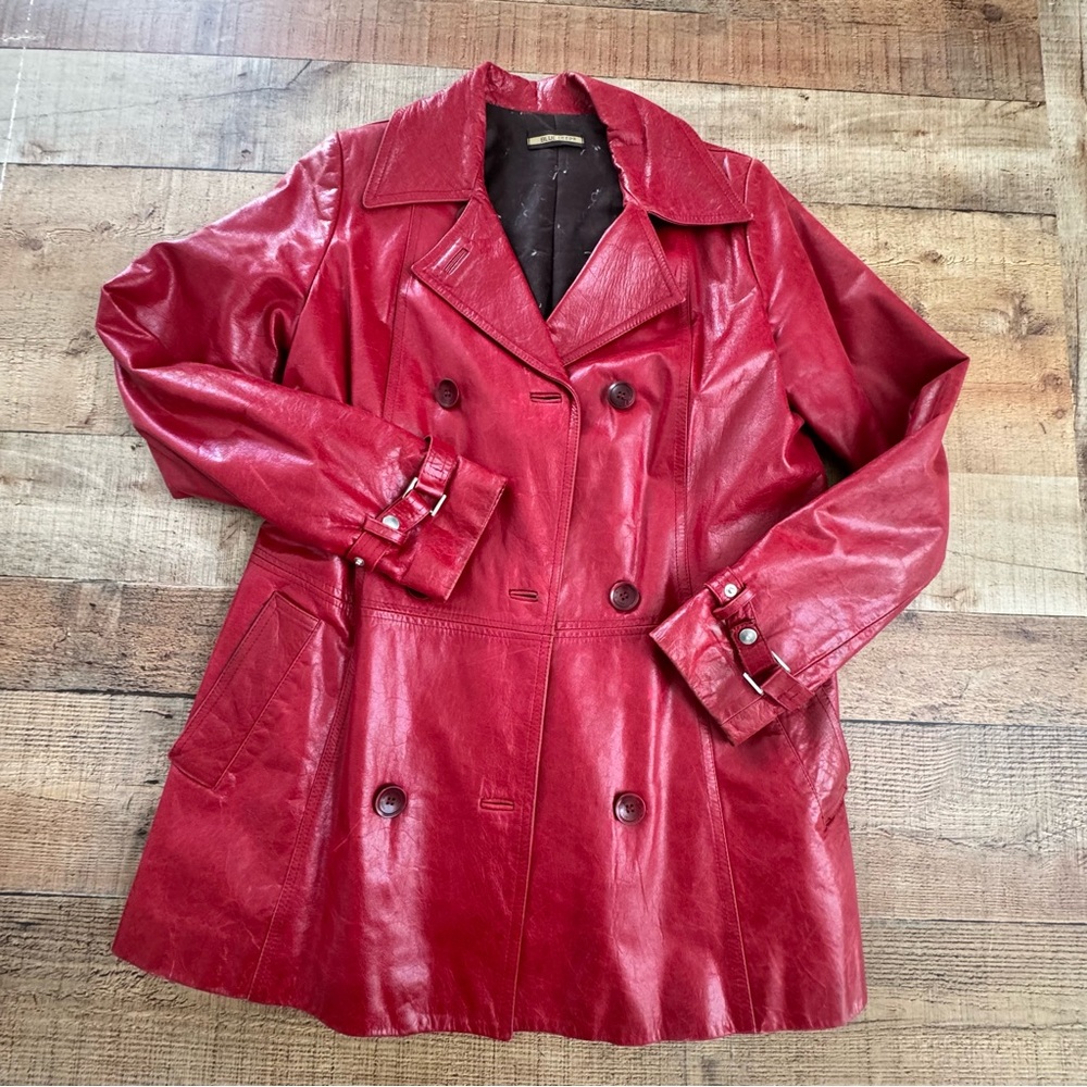 Double-Breasted Red Leather Trench Jacket MEDIUM - Picture 2 of 11